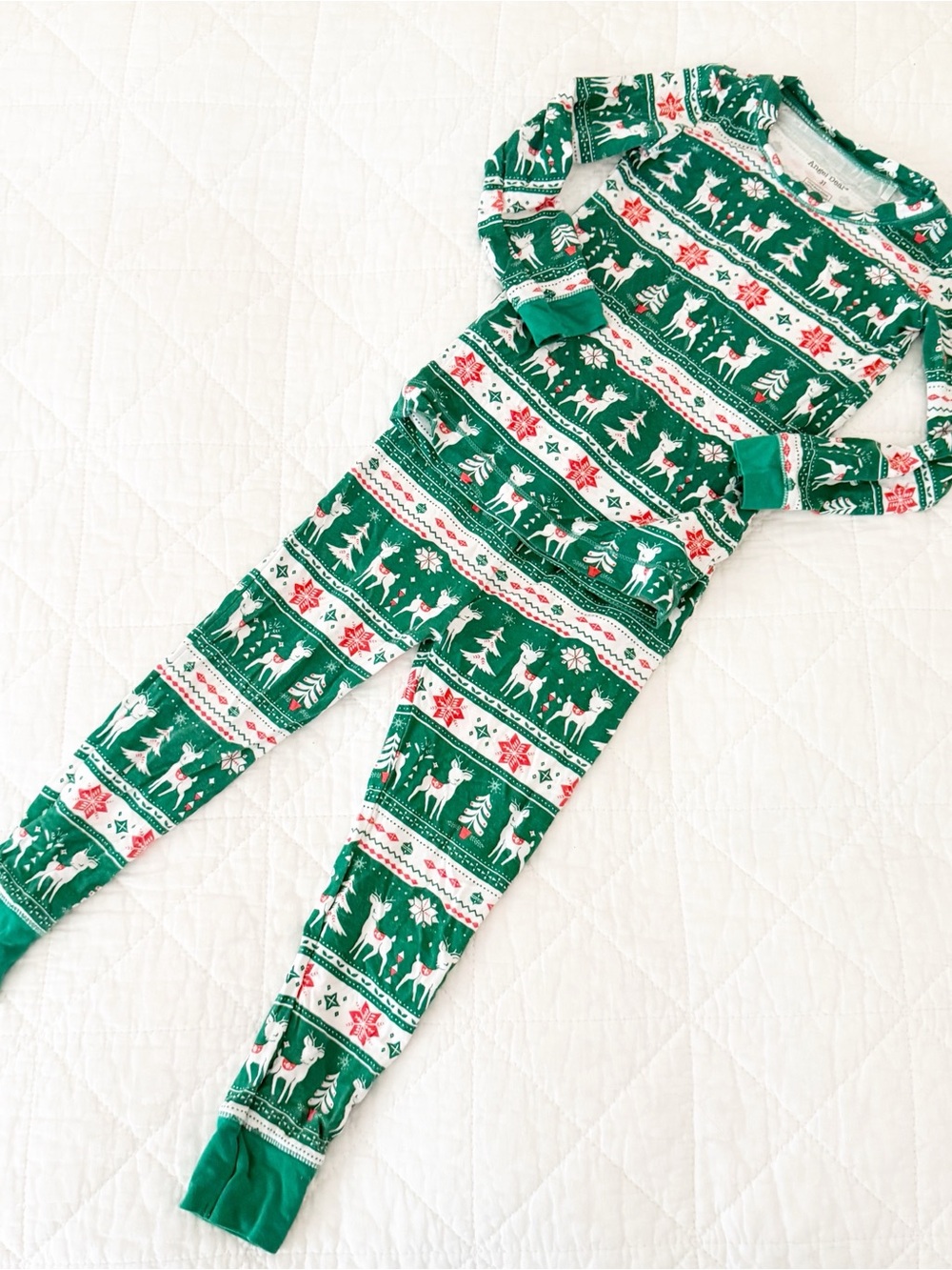 Angel Dear Kids 3T Green White Reindeer Holiday Pajama Set with Red Accents